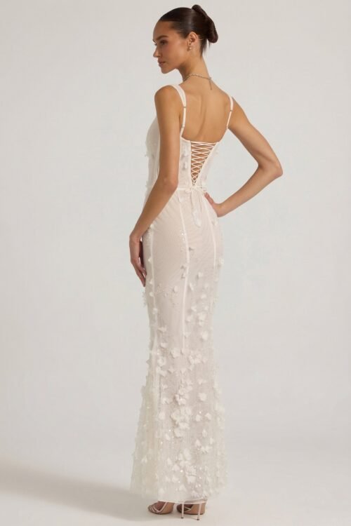 Embellished Appliqué Soft-Scoop Corset Gown in White - Image 5