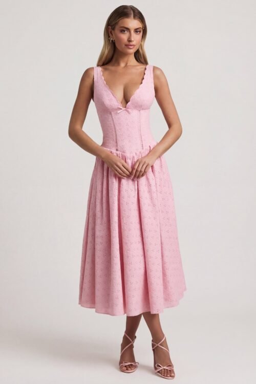 Broderie Anglaise Bow-Detail A-Line Midaxi Dress in Soft Pink - Image 8