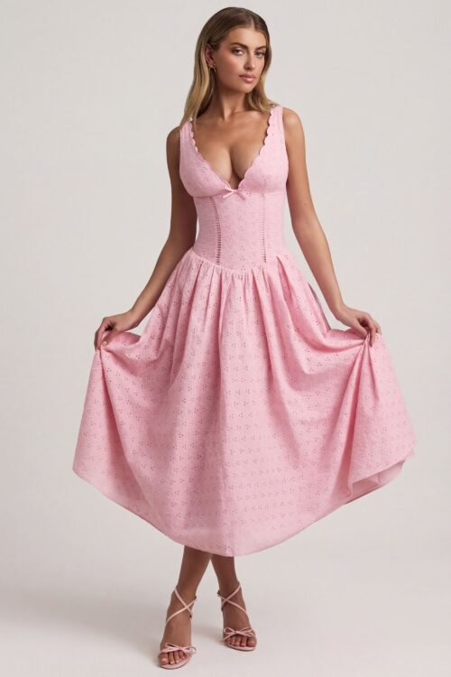 Broderie Anglaise Bow-Detail A-Line Midaxi Dress in Soft Pink - Image 5