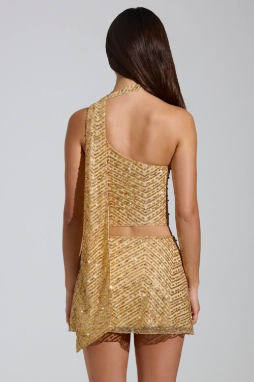 Embellished Asymmetric Scarf-Detail Top in Gold - Image 2