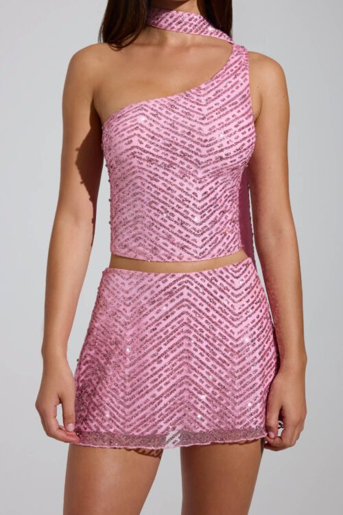 Embellished Asymmetric Scarf-Detail Top in Pink - Image 4