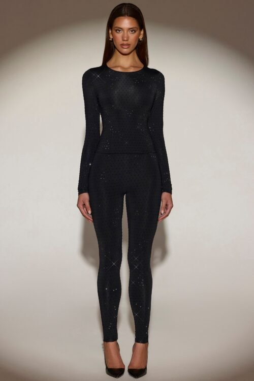 Embellished Crew-Neck Long-Sleeve Top in Black - Image 8