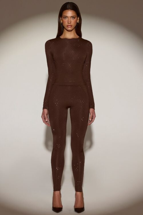 Embellished Crew-Neck Long-Sleeve Top in Chocolate Brown - Image 5