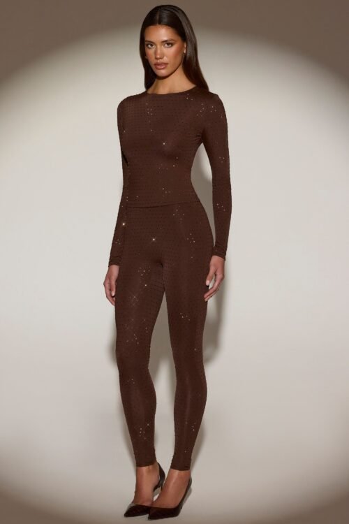 Embellished Crew-Neck Long-Sleeve Top in Chocolate Brown - Image 8