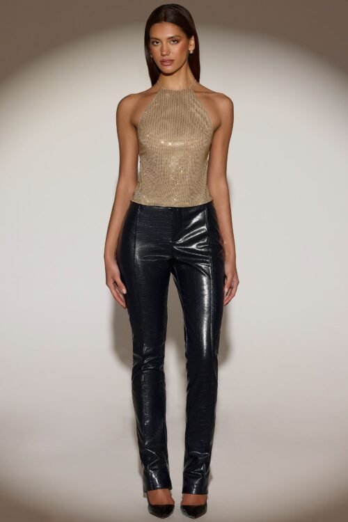 Embellished Jersey Halterneck Backless Top in Gold - Image 5