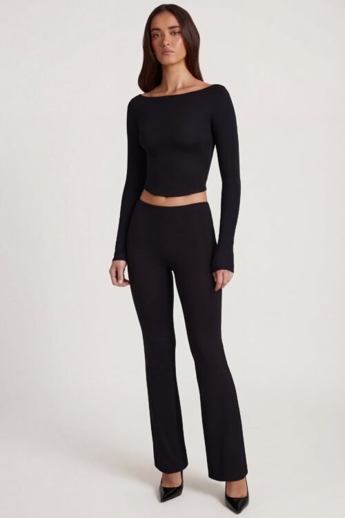 Modal Mid-Rise Flared Trousers in Black - Image 6