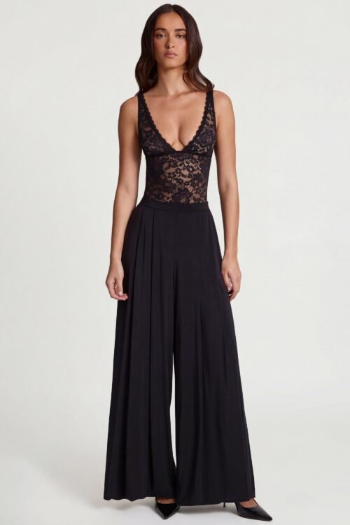 Soft Jersey Mid-Rise Wide-Leg Trousers in Black - Image 5