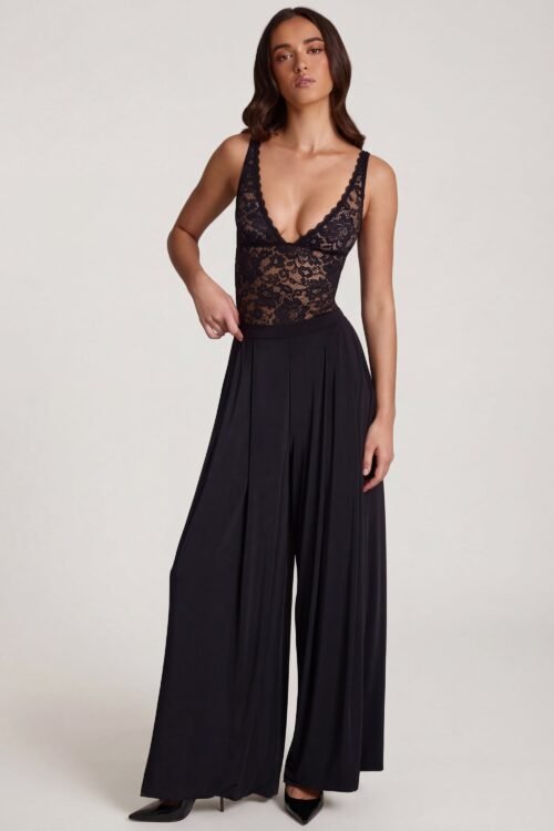 Soft Jersey Mid-Rise Wide-Leg Trousers in Black - Image 6