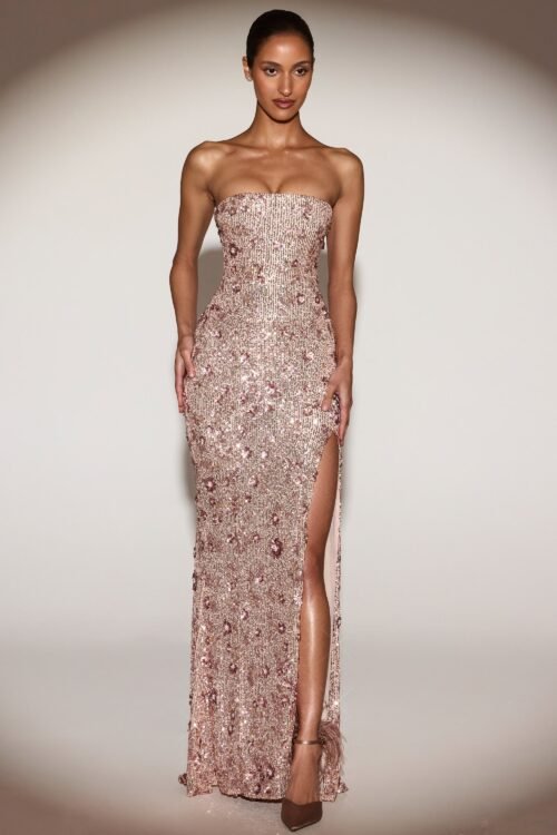 Embellished Bandeau-Neck Strapless Gown in Rose Gold - Image 10