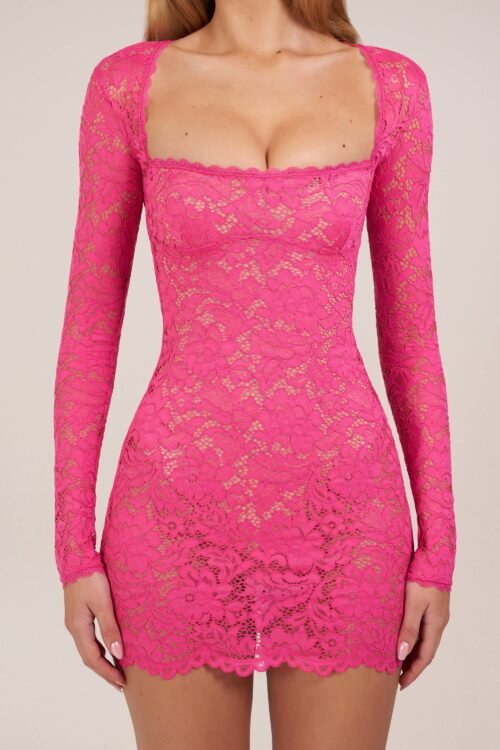 Sheer Scalloped-Lace Long-Sleeve Mini Dress in Hot Pink - Image 4