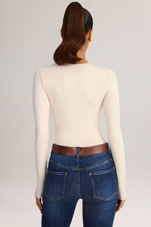Modal Round-Neck Long-Sleeve Bodysuit in Cream - Image 2