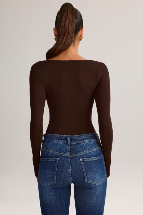 Modal Square-Neck Long-Sleeve Top in Chocolate Brown - Image 2