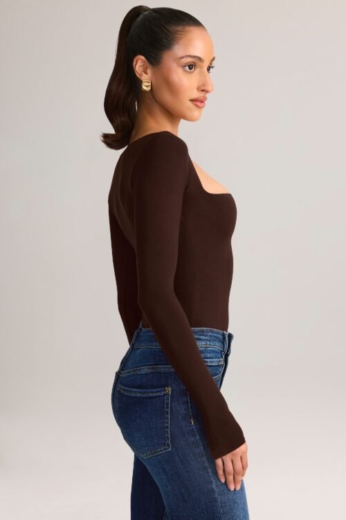 Modal Square-Neck Long-Sleeve Top in Chocolate Brown - Image 3