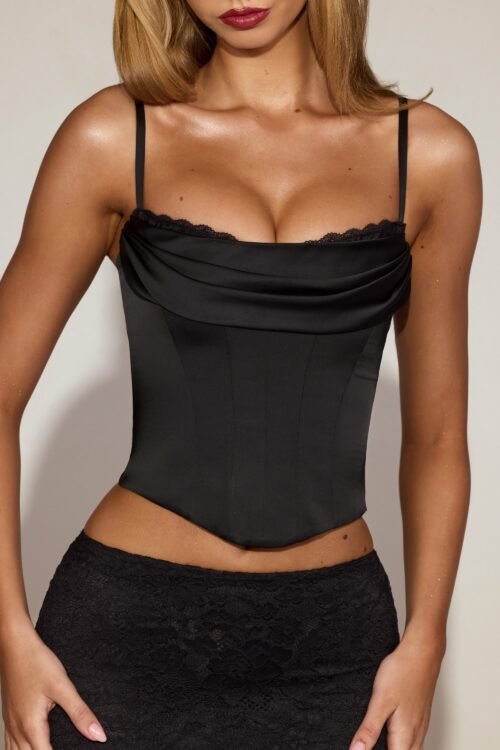 Satin Cowl-Neck Lace-Up Corset Top in Black - Image 3