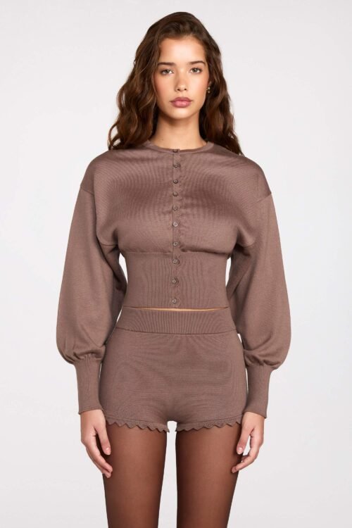 Knit Long-Sleeve Cardigan in Mocha - Image 10