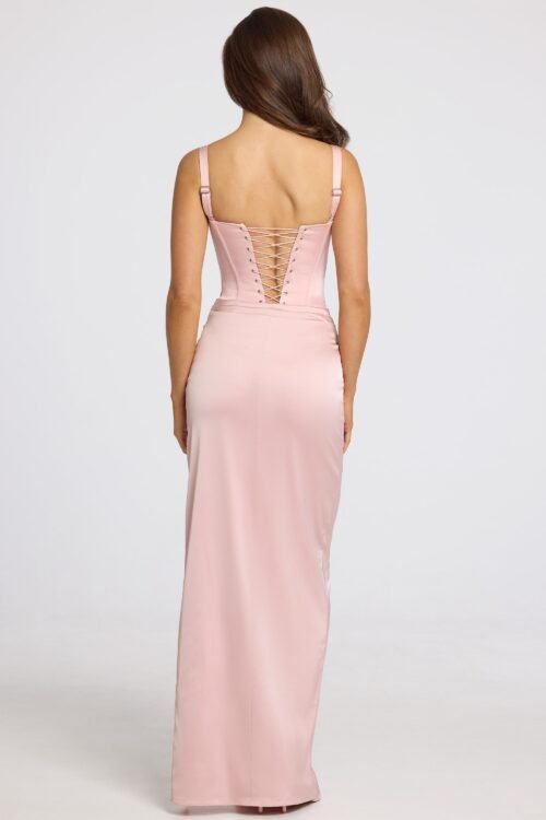 Corseted Thigh-High Split Maxi Dress in Blush Pink - Image 3