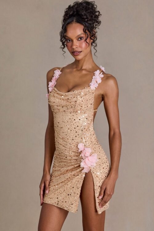 Embellished Open-Back Mini Dress in Gold - Image 5