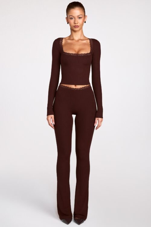 Ribbed Modal Square-Neck Long-Sleeve Top in Chocolate Brown - Image 7