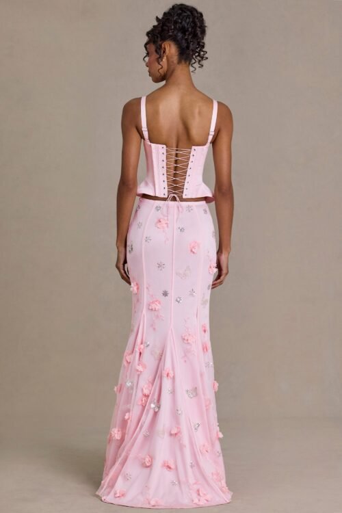 Satin Lace-Up Corset Top in Baby Pink - Image 2