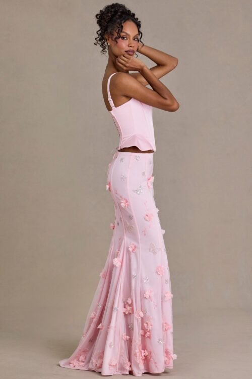 Satin Lace-Up Corset Top in Baby Pink - Image 3