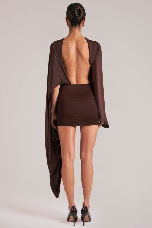 Draped Cape Mini Dress in Chocolate Brown - Image 7