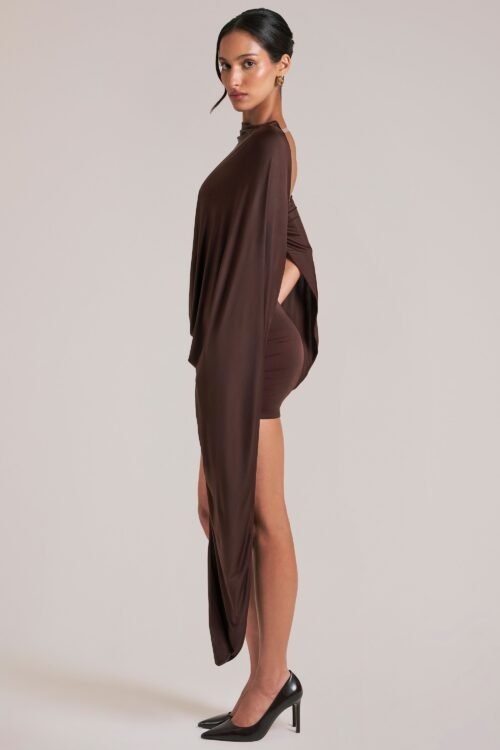 Draped Cape Mini Dress in Chocolate Brown - Image 6