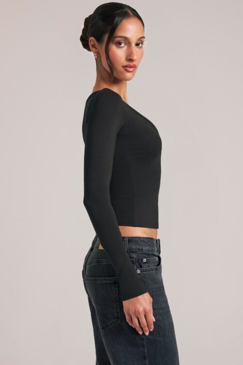 V-Neck Long-Sleeve Top in Black - Image 3