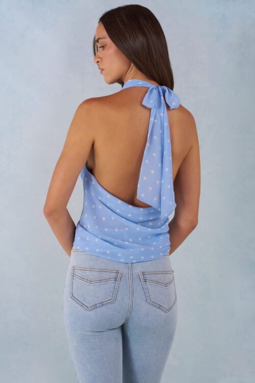 Deep Plunge Halterneck Top in Blue Polka Dot Print - Image 2