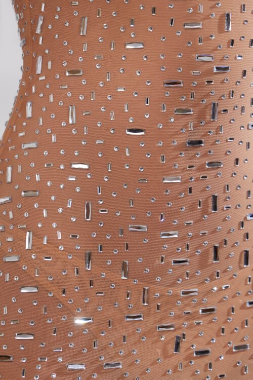 Sheer Embellished Scoop Neck Evening Gown in Almond - Image 4