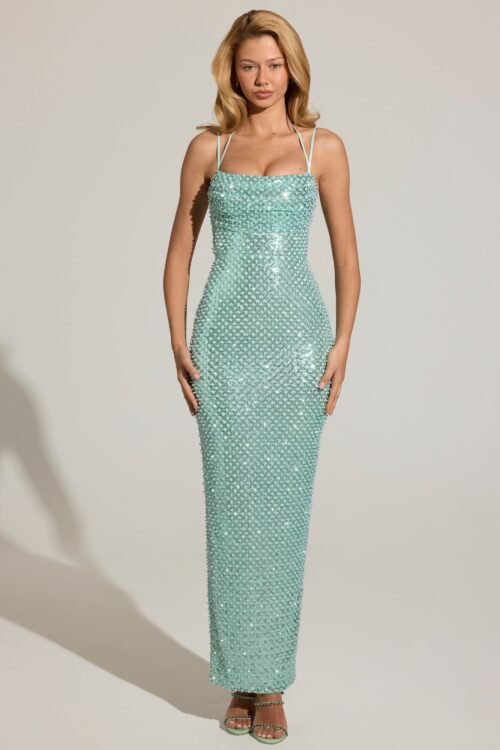 Embellished Cowl-Neck Maxi Dress in Aqua Blue - Image 7