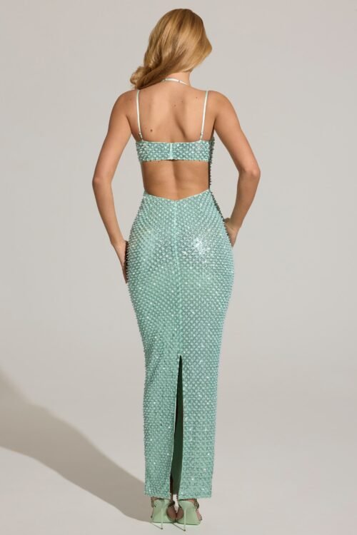 Embellished Cowl-Neck Maxi Dress in Aqua Blue - Image 3