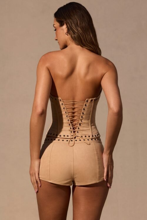 Low-Rise Mini Shorts in Tan - Image 2