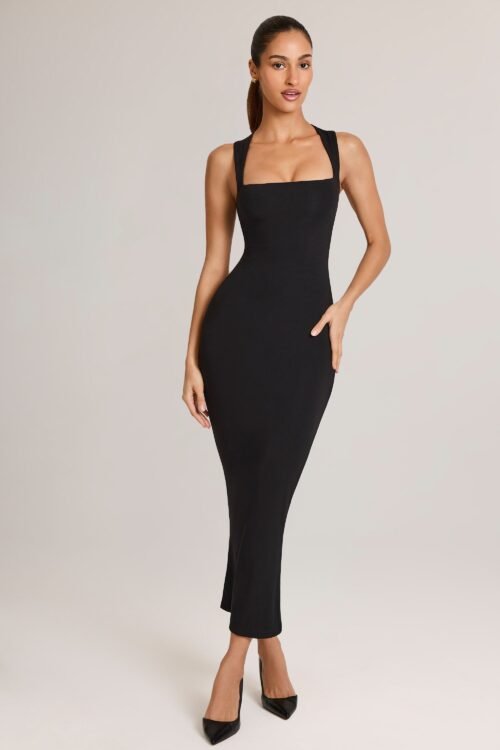 Modal Square-Neck Bodycon Midi Dress in Black - Image 6