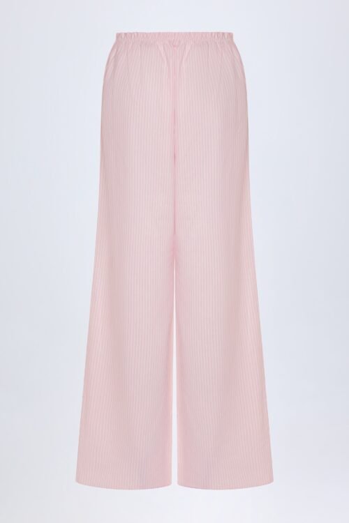 Wide-Leg Cotton-Poplin Trousers in Pink White Stripe - Image 3