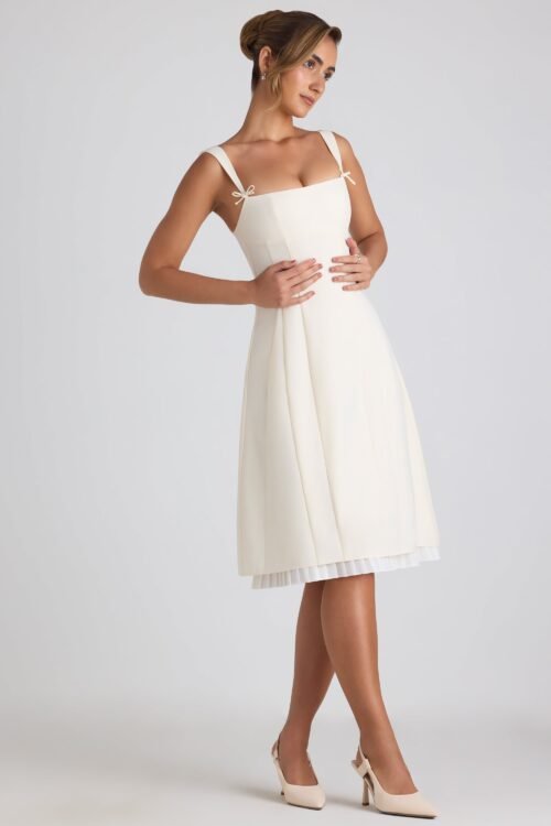 Bow-Detail Pleated A-Line Midi Dress in Ivory - Image 5
