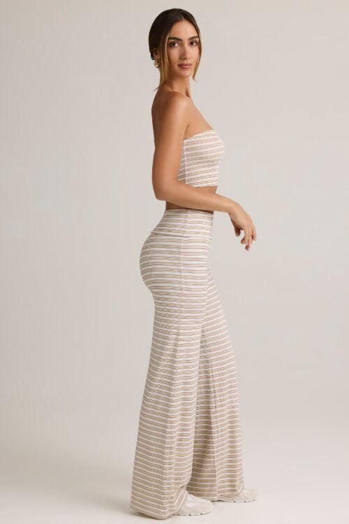 Modal Foldover Wide-Leg Trousers in Pink & Yellow Stripe - Image 3