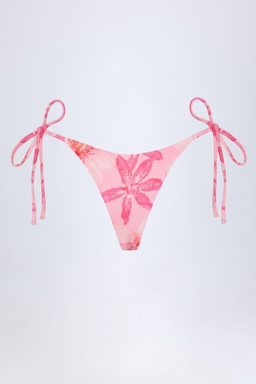 Side-Tie Thong Bikini Bottoms in Pink Orchid Print - Image 3