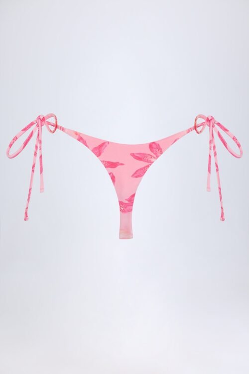 Side-Tie Thong Bikini Bottoms in Pink Orchid Print - Image 4