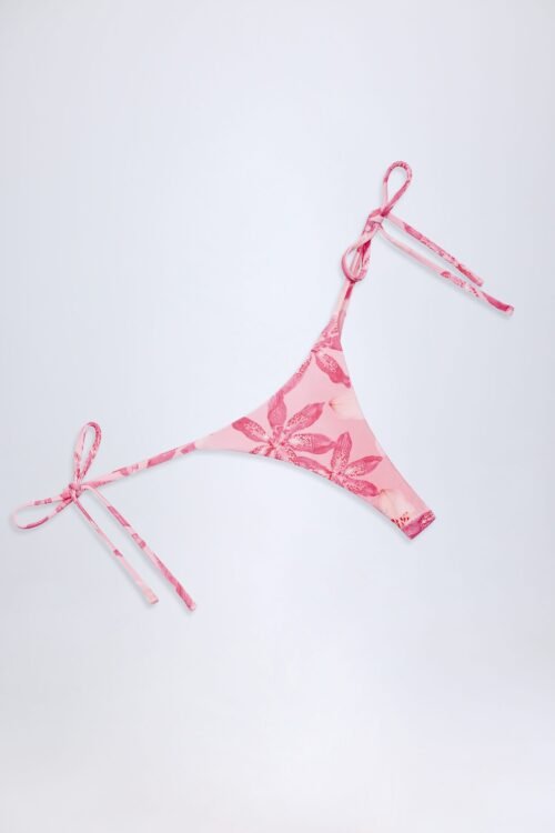 Side-Tie Thong Bikini Bottoms in Pink Orchid Print - Image 5