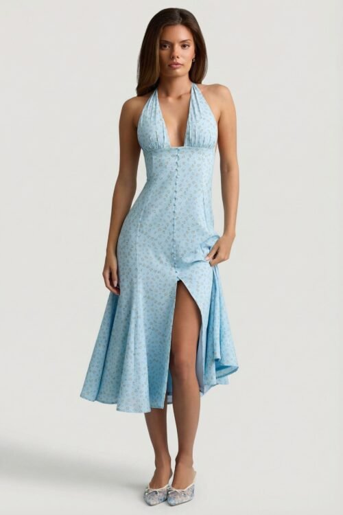 Halterneck Midaxi Dress in Blue Flower Print - Image 7