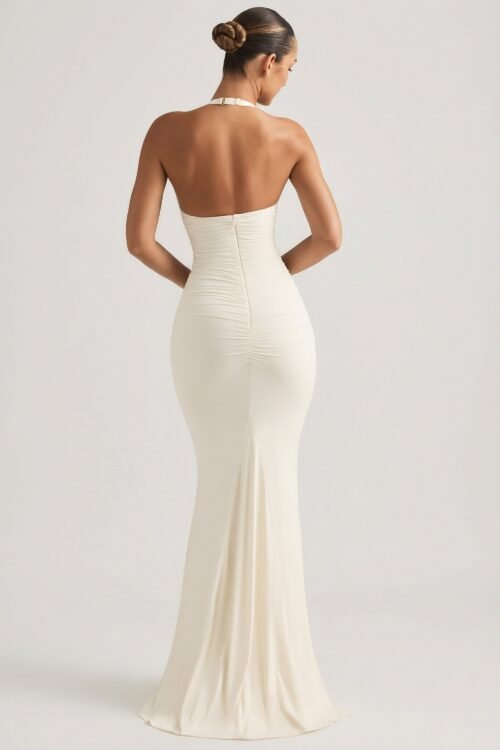 Ruched Backless Halterneck Gown in Ivory - Image 2