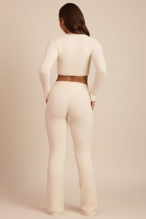 Fluffy Knit Wide-Leg Trousers in Ivory - Image 2