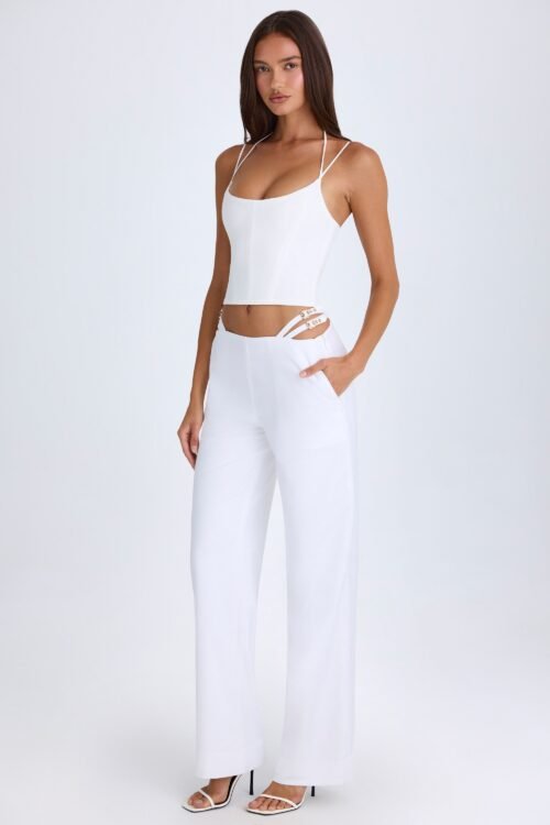 Belted Cut-Out Wide-Leg Trousers in White - Image 8